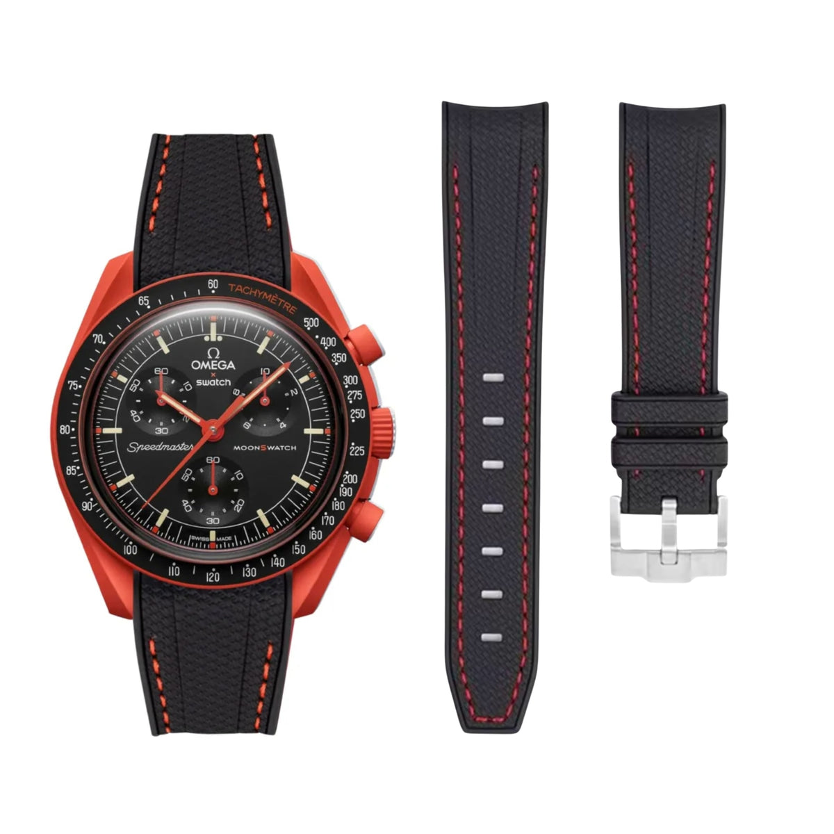 Pulseira de borracha - Para Missão na Terra Lava | Omega X Swatch | MoonSwatch - Preto com Vermelho