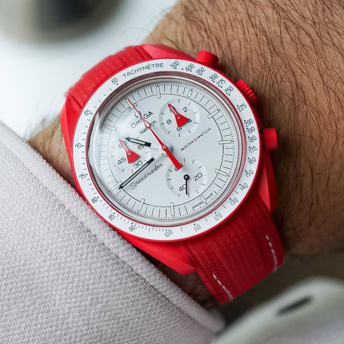 Pulseira de borracha - Para Missão a Marte | Omega X Swatch | MoonSwatch - Vermelho com Branco