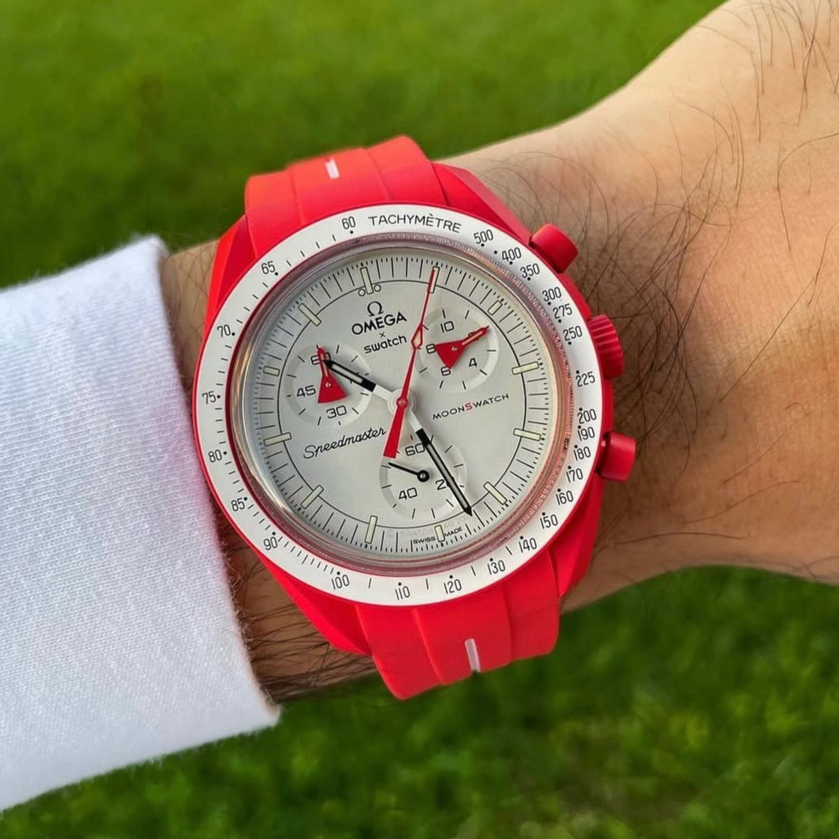 Pulseira de borracha - Para Missão a Marte | Omega X Swatch | MoonSwatch - Vermelho com linha branca