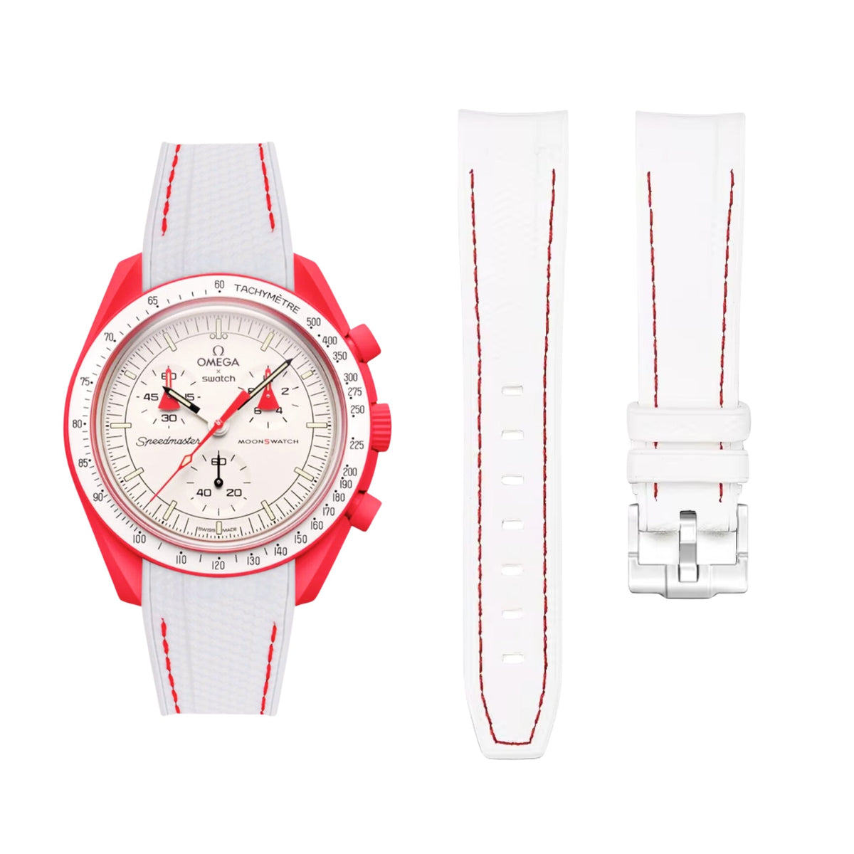 Pulseira de borracha - Para Missão a Marte | Omega X Swatch | MoonSwatch - Branco com Vermelho
