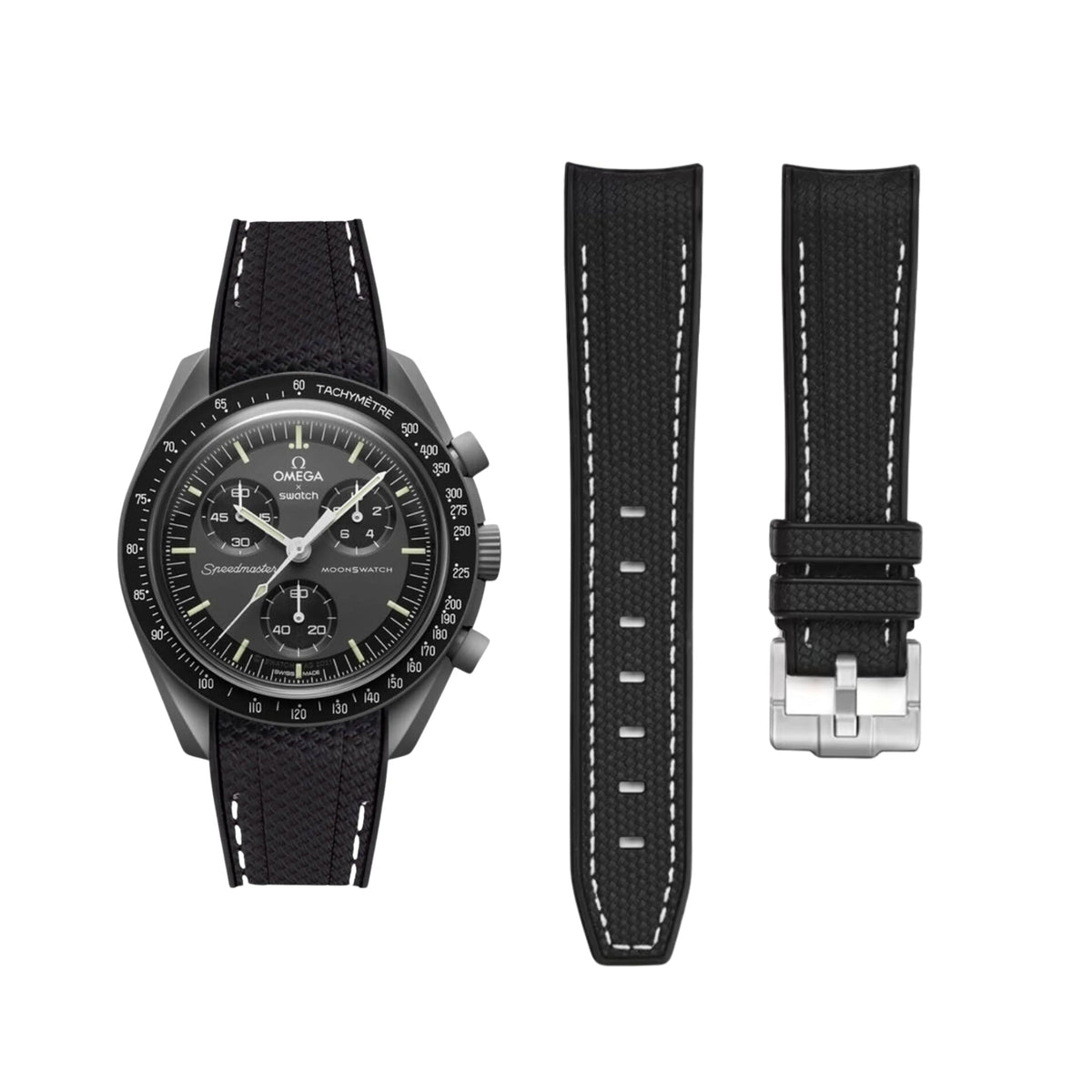 Pulseira de borracha - Para Missão a Mercúrio | Omega X Swatch | MoonSwatch - Preto com linha branca