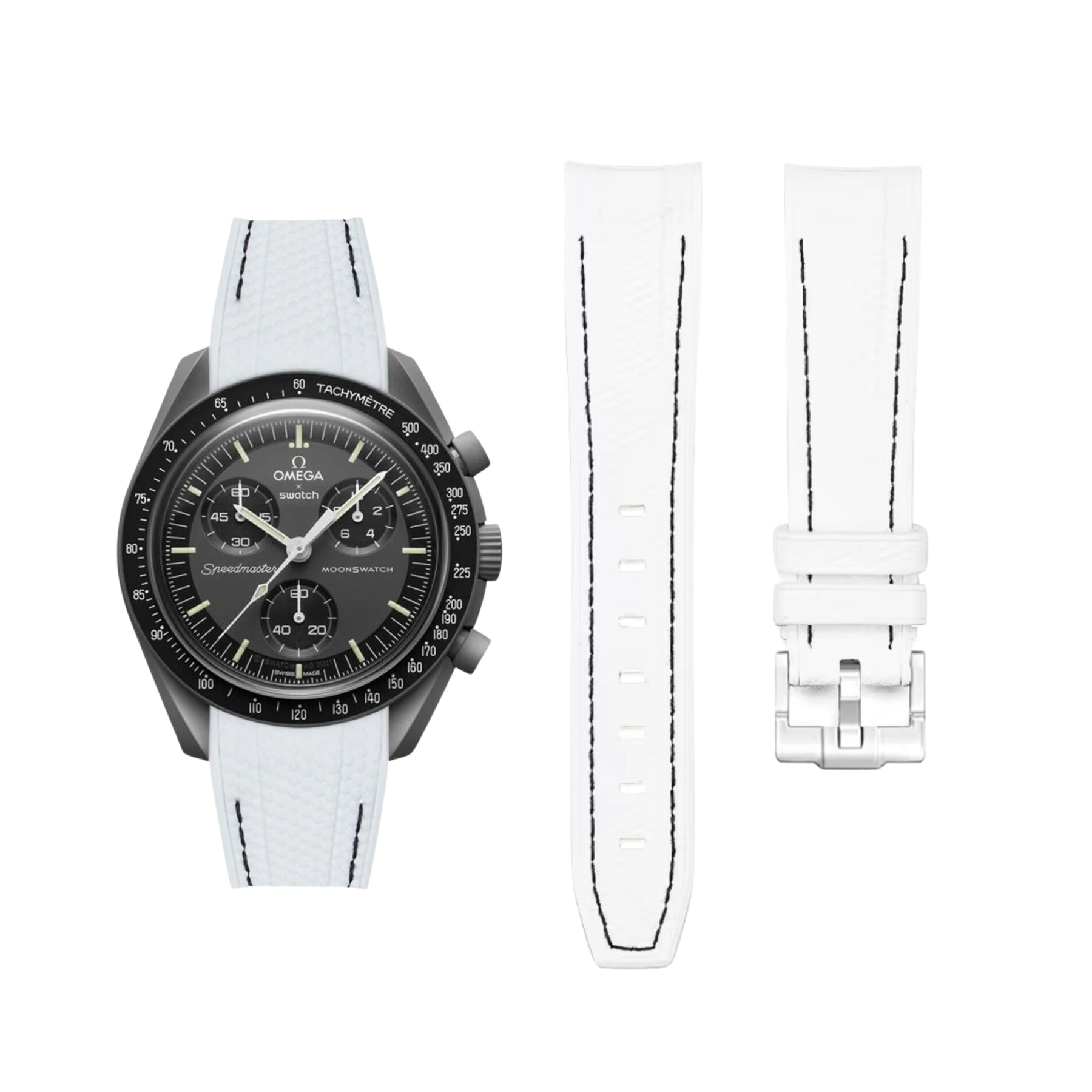 Pulseira de borracha - Para Missão a Mercúrio | Omega X Swatch | MoonSwatch - Branco com linha preta
