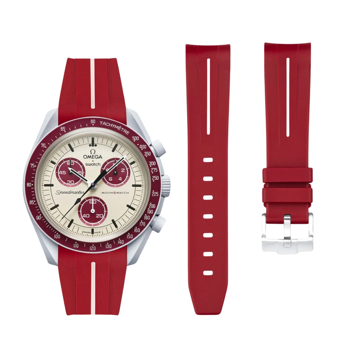 Pulseira de borracha - Para Missão Plutão | Omega X Swatch | MoonSwatch - Vermelho com linha branca
