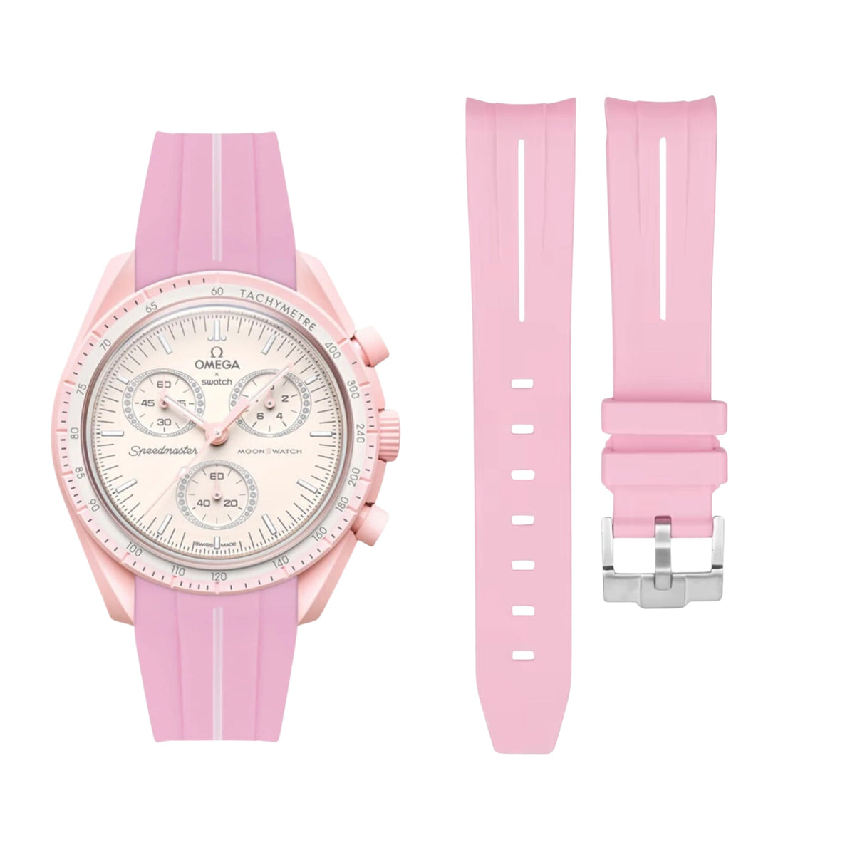 Pulseira de borracha - Para Missão Vênus | Omega X Swatch | MoonSwatch - Rosa com linha branca