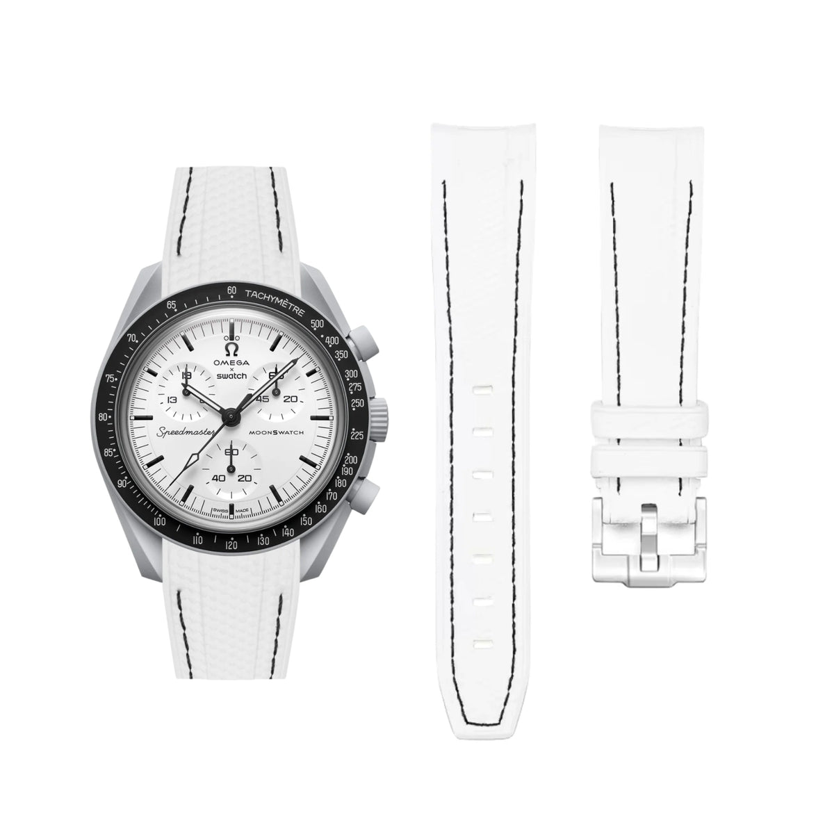 Pulseira de borracha - Para MoonSwatch 1965 - Branca com linha preta