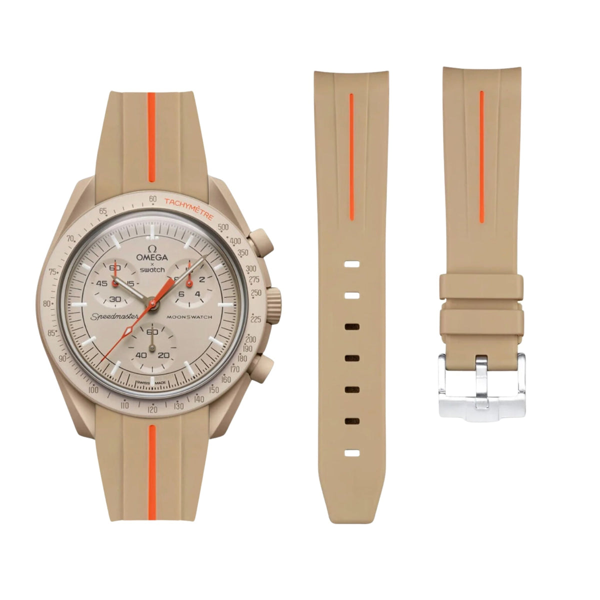 Pulseira de borracha - Para Missão Júpiter | Omega X Swatch | MoonSwatch - Bege com Linha Vermelha