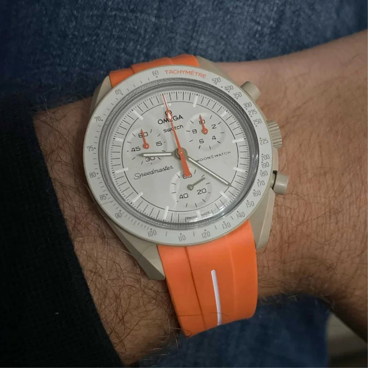 Pulseira de borracha - Para Missão Júpiter | Omega X Swatch | MoonSwatch - Laranja com linha branca