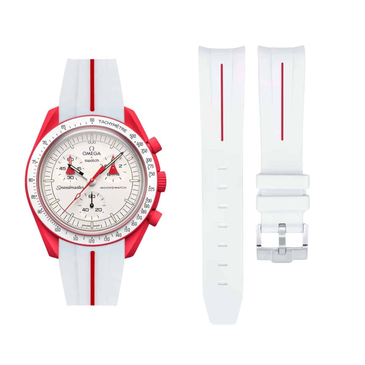 Pulseira de borracha - Para Missão a Marte | Omega X Swatch | MoonSwatch - Branco com Linha Vermelha