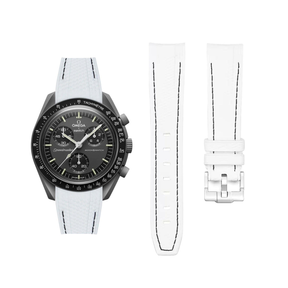 Pulseira de borracha - Para Missão a Mercúrio | Omega X Swatch | MoonSwatch - Branco com linha preta