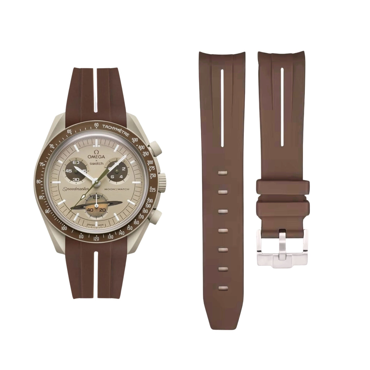 Pulseira de borracha - Para missão a Saturno | Omega X Swatch | MoonSwatch - Marrom com linha branca